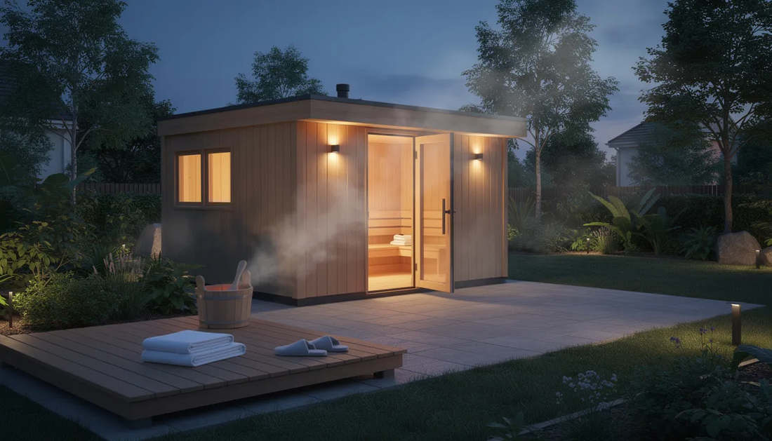 The image depicts a cozy backyard sauna made of natural wood, surrounded by a serene outdoor space that includes a fire pit and an outdoor shower. 