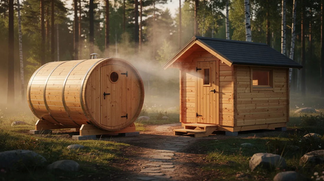 The image depicts a comparison between a barrel sauna and a cabin sauna