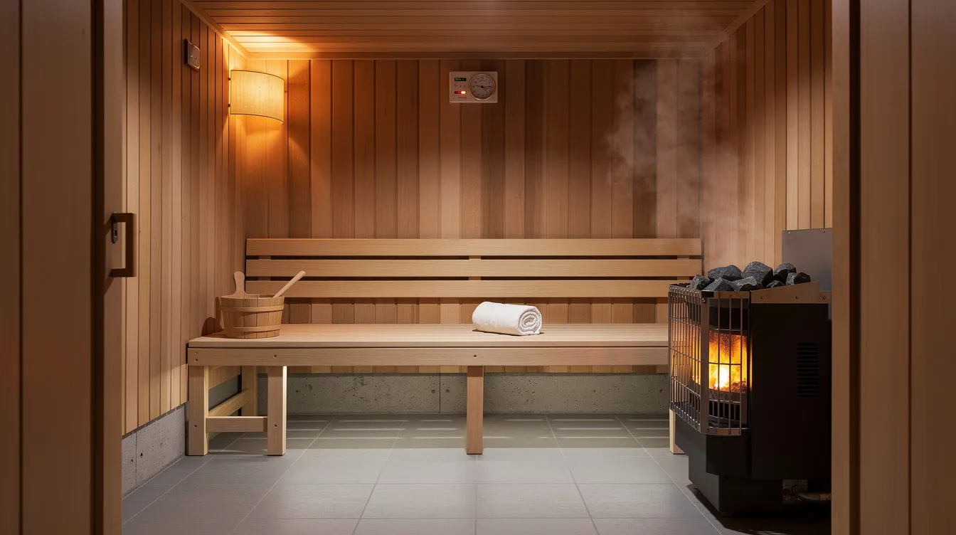 The image depicts a cozy basement sauna installation featuring traditional wooden walls and a sauna heater, designed for optimal heat distribution and proper ventilation.
