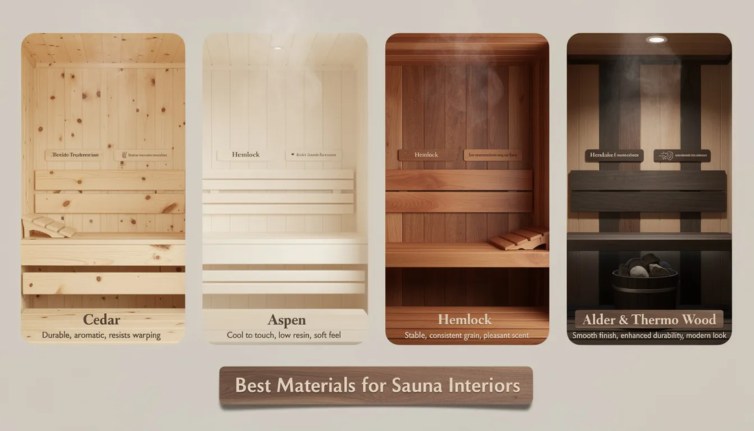 The image showcases a beautifully designed indoor sauna featuring traditional sauna wood materials, including warm cedar and nordic spruce, which highlight the natural beauty and excellent insulation properties ideal for high humidity environments.