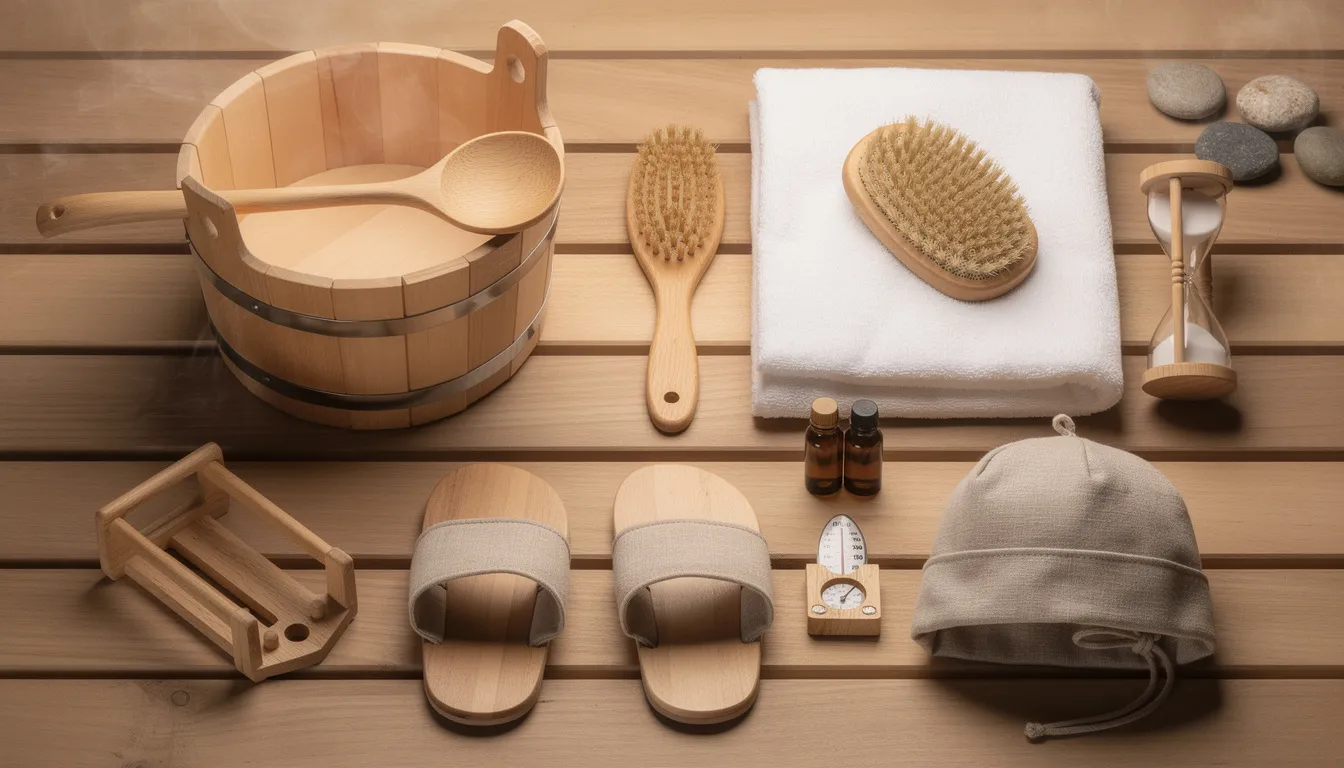 The image showcases a well-equipped sauna room featuring essential sauna accessories