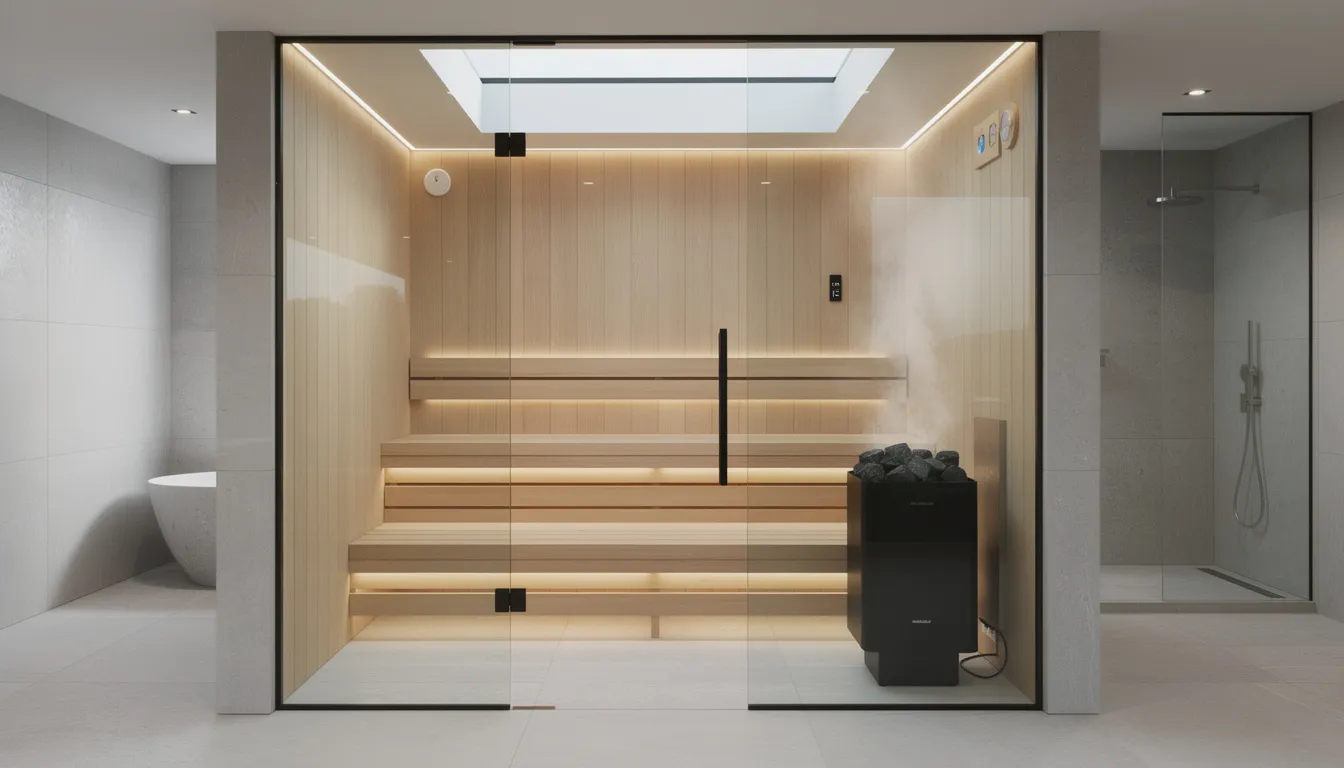 The image showcases a modern sauna designed for home use, featuring sleek lines and a minimalist aesthetic. 