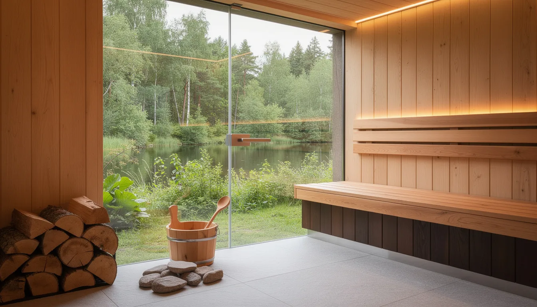 The image showcases a variety of sustainable sauna materials, including smooth-textured wood like western red cedar and nordic spruce