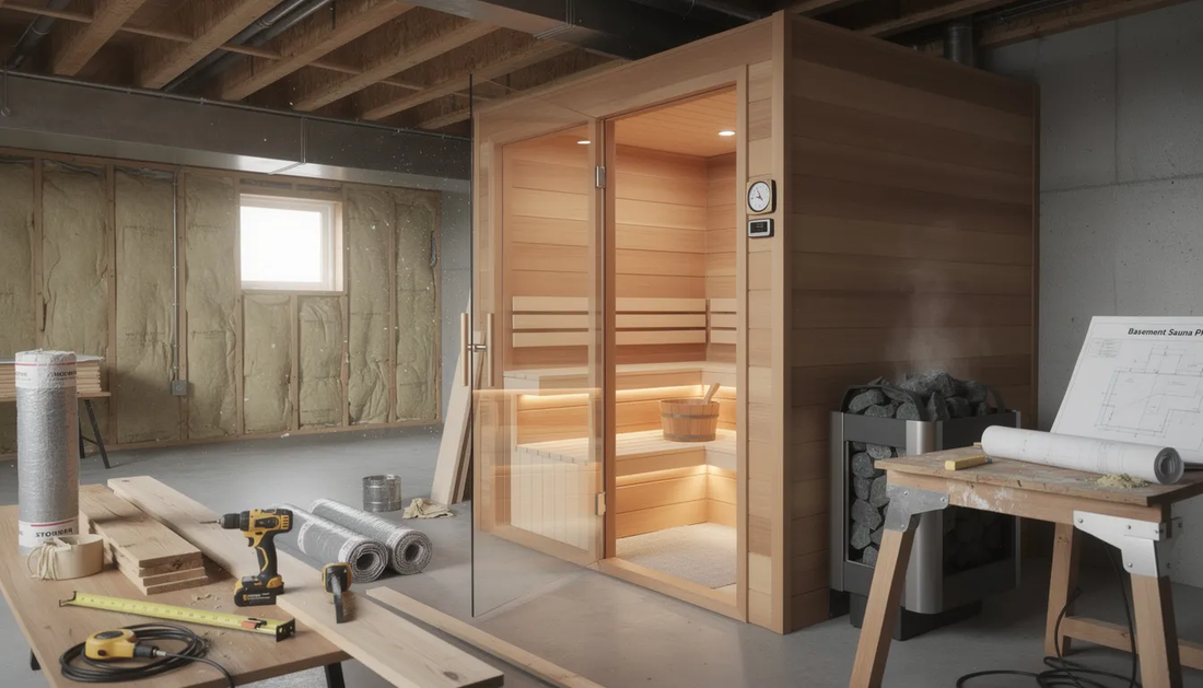 The image depicts a beautifully constructed basement sauna featuring wooden walls and a sauna heater, designed for optimal moisture control and ventilation