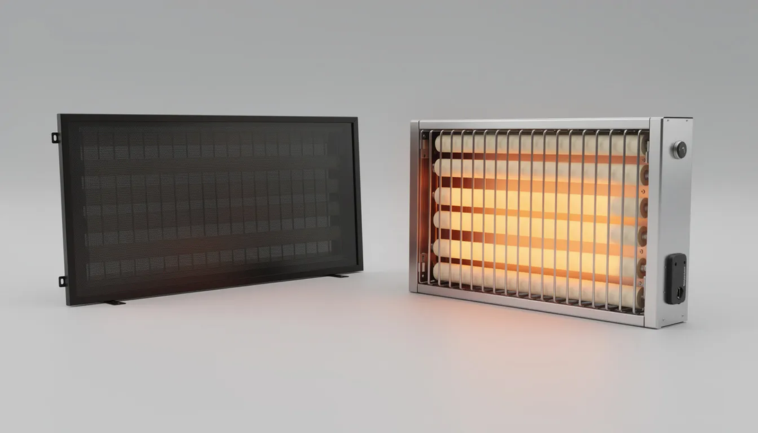 The image showcases a modern infrared sauna featuring both carbon and ceramic infrared heaters, highlighting their sleek design and durable heating elements. 