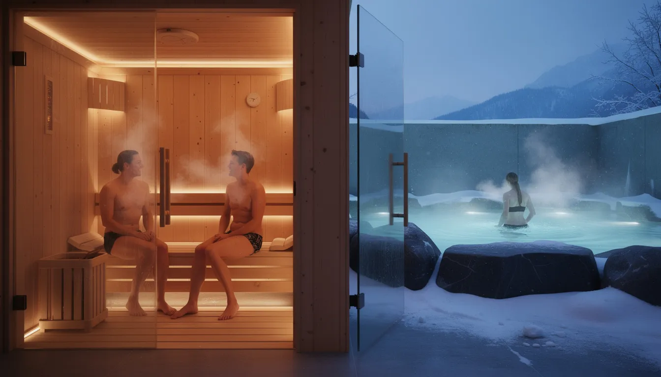 The image depicts a serene setting where a person is transitioning between a hot sauna and a cold plunge, illustrating the practice of combining sauna and cold exposure for longevity.