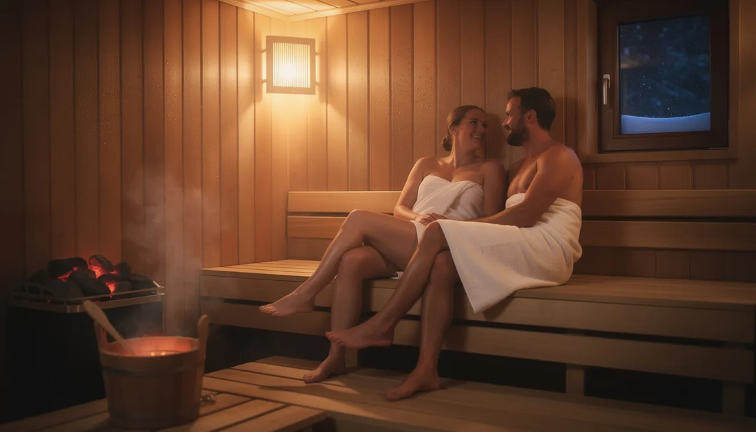 A serene couples' sauna experience is depicted, showcasing a 2-person infrared sauna with soft lighting and clean benches, where the couple enjoys shared relaxation and the health benefits of sauna heat.