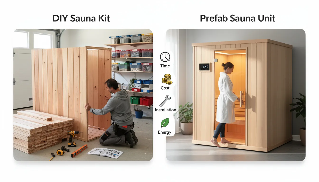 The image illustrates a comparison between DIY sauna kits and prefab units, showcasing various styles and features of both options.