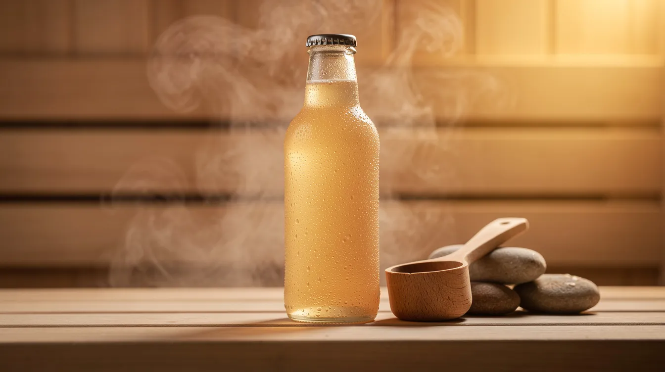 The image depicts a selection of refreshing beverages ideal for hydration before, during, and after a sauna session