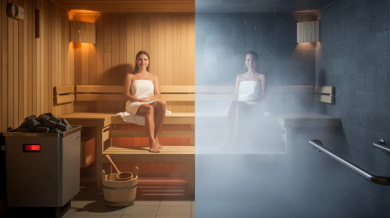 The image contrasts a dry sauna and a wet sauna, showcasing two distinct sauna environments.