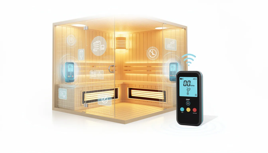 The image depicts a modern sauna setting designed with low EMF output features, showcasing infrared heating panels that aim to provide a completely EMF-free experience.