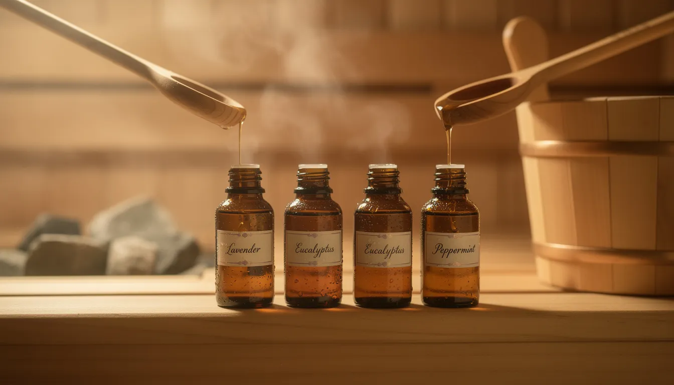 The image depicts a serene sauna setting with high-quality essential oils such as lavender, peppermint, and tea tree displayed alongside hot stones.