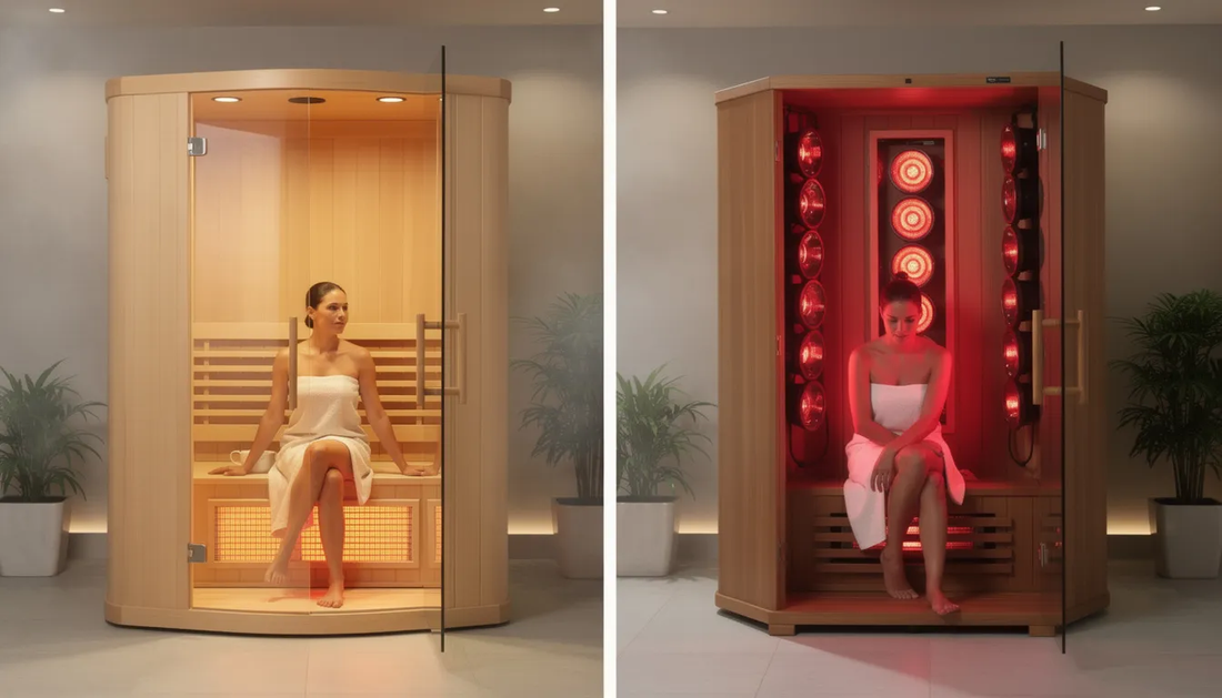 The image depicts two types of saunas side by side: a far infrared sauna and a near infrared sauna, showcasing their distinct designs and heating elements.