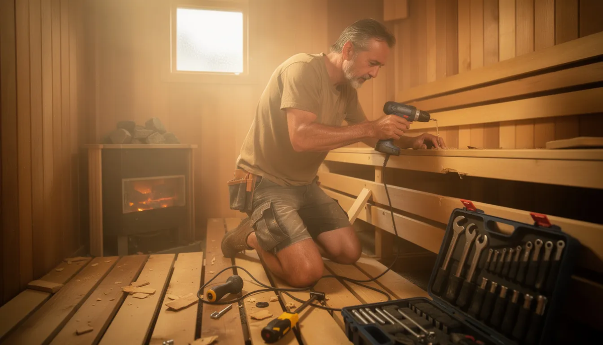 A man is repairing a sauna, focusing on the sauna heater and inspecting the electrical components to ensure proper ventilation and air circulation.