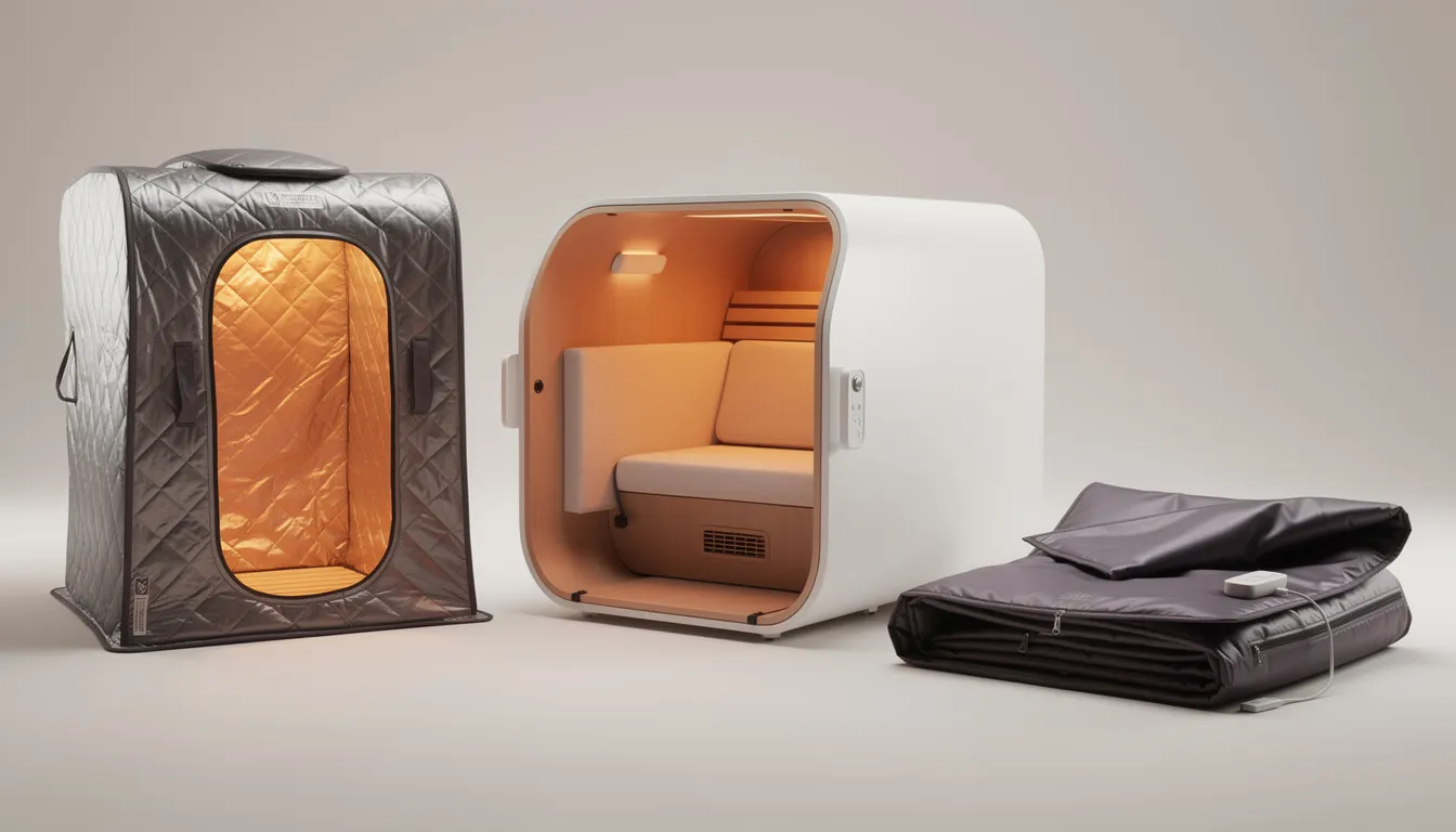 The image showcases a variety of foldable saunas, including portable sauna tents, pods, and blankets designed for sauna therapy.