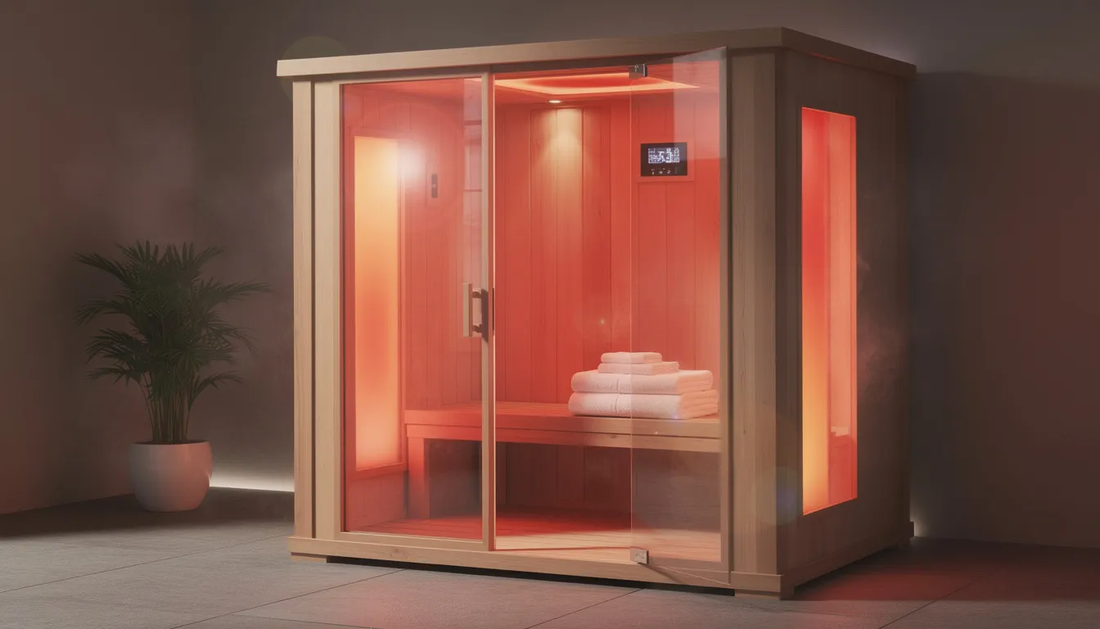The image depicts a full-spectrum infrared sauna, showcasing its sleek design and wood paneling. 