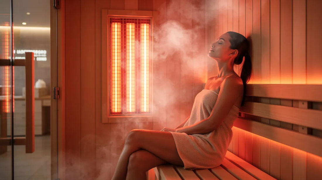 The image depicts a woman enjoying a sauna in the interior of a modern wooden infrared sauna cabin