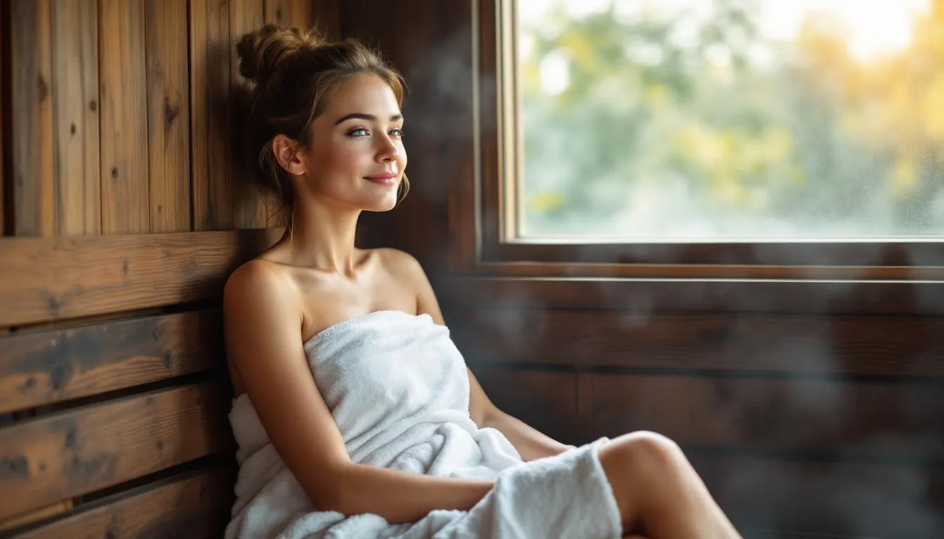 The image depicts a serene sauna environment, showcasing wooden benches and steam rising in the air, emphasizing the health benefits of using a sauna