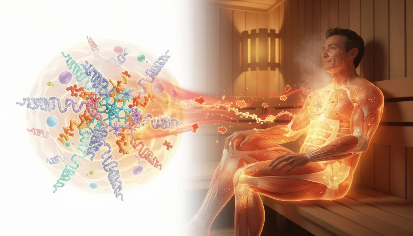 The image depicts a serene sauna environment, highlighting the concept of sauna therapy as a method for activating heat shock proteins.