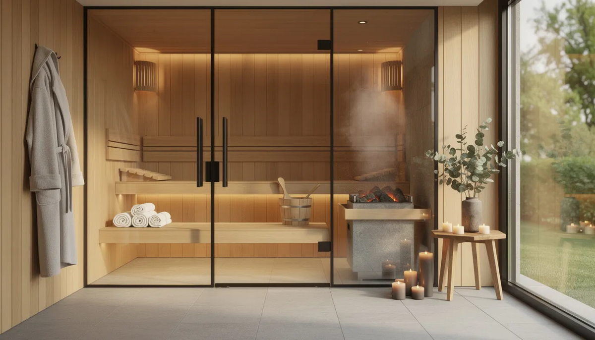 The image depicts a serene home wellness sanctuary featuring an infrared sauna, designed for deep relaxation and stress relief.
