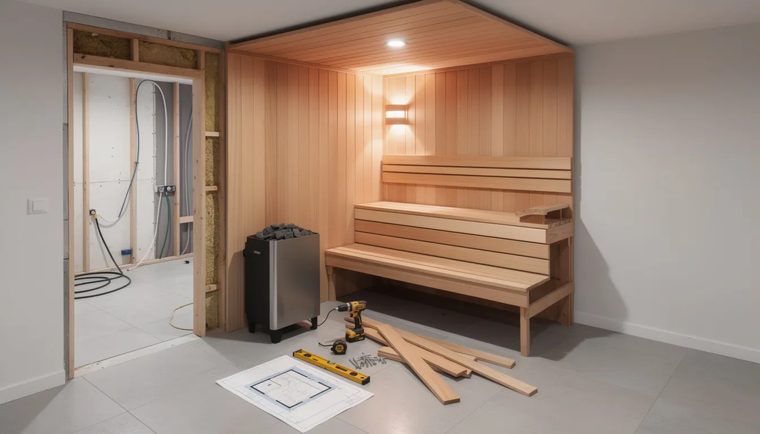 The image illustrates the process of building a sauna room in a home