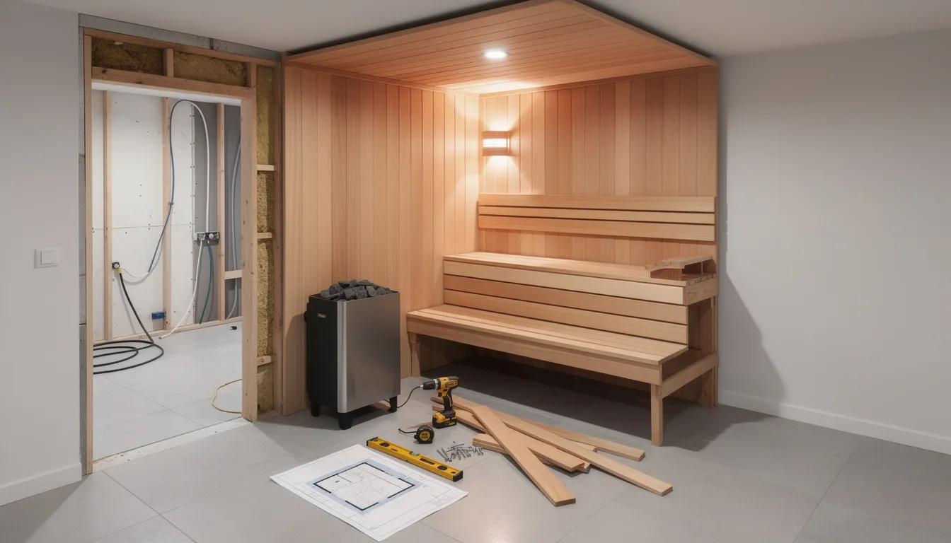 The image illustrates the process of building a sauna room in a home