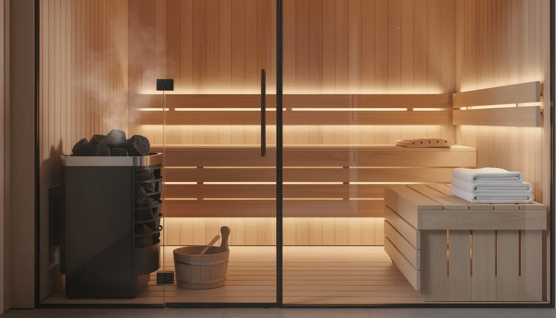 The image depicts a cozy home sauna featuring wooden sauna benches and a sauna heater, with a sauna door slightly open, allowing steam to escape.