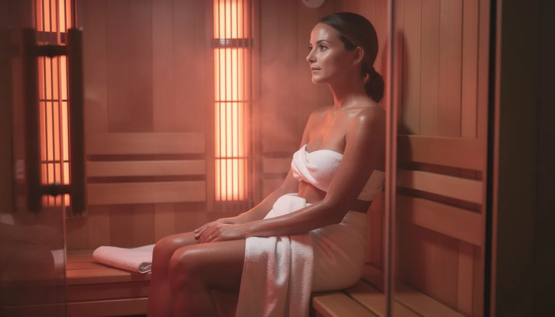 A person is sitting comfortably inside an infrared sauna, surrounded by warm, glowing infrared light, which is promoting relaxation and wellness.