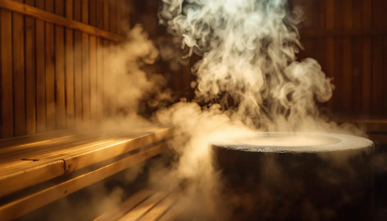The image depicts a sauna with optimal temperature and humidity highlighting the benefits saunas for improved blood circulation and overall well-being.