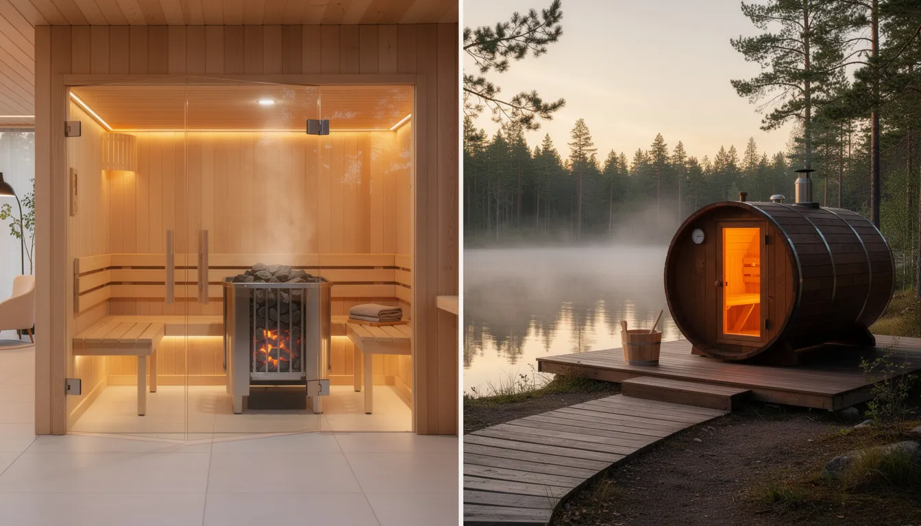 The image depicts a comparison between an indoor sauna and an outdoor sauna, showcasing their unique features.