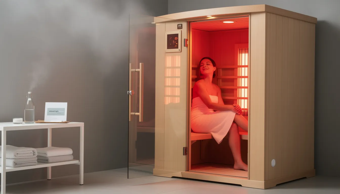 The image depicts a cozy home sauna equipped with infrared heaters and a red light therapy device, emphasizing wellness and relaxation.