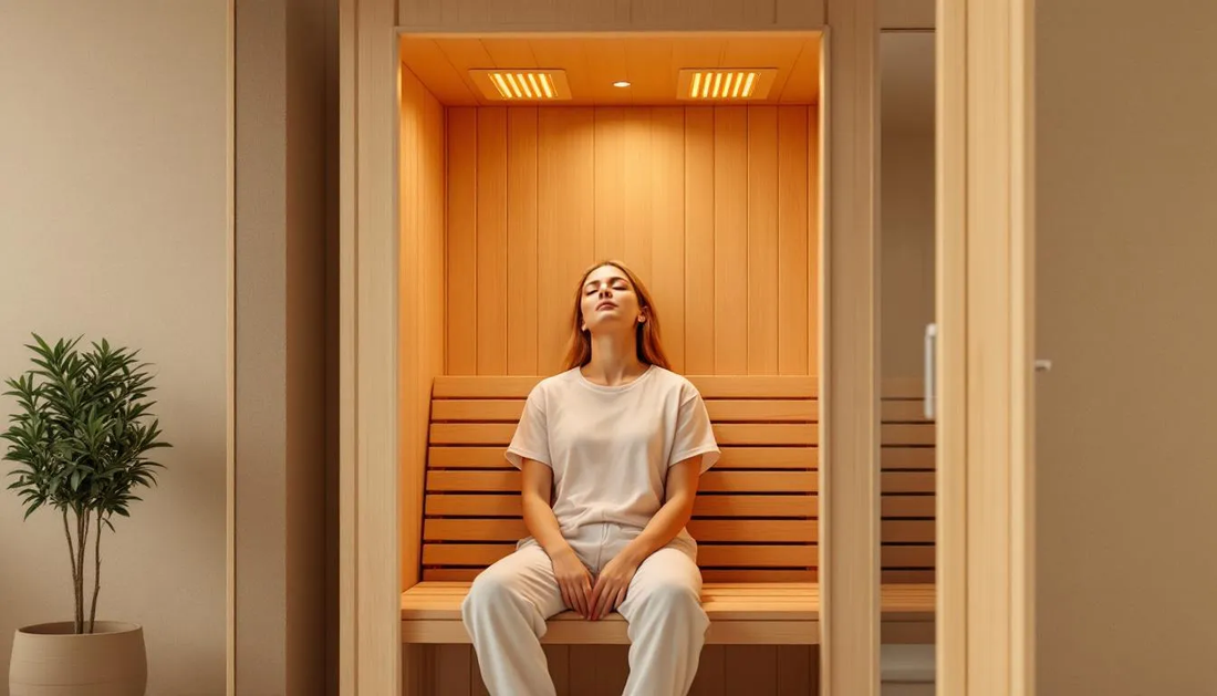 The image depicts a serene infrared sauna environment, showcasing the benefits of infrared sauna therapy for chronic pain relief