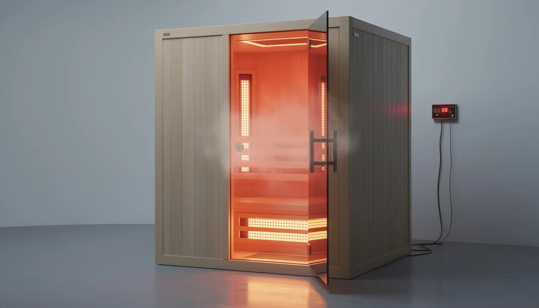 The image depicts a modern infrared sauna designed for one person, showcasing infrared panels that emit infrared heat directly to the body. 