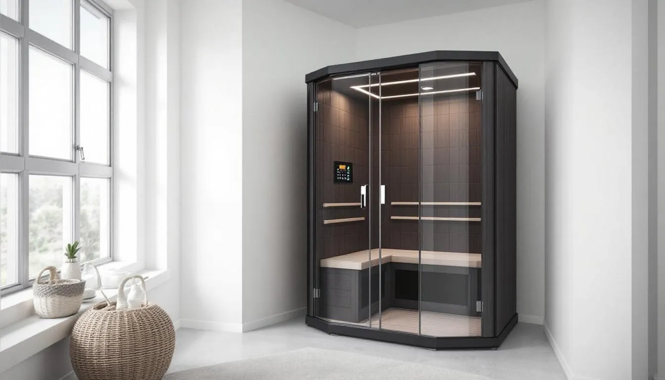 The image showcases a compact infrared sauna designed for small spaces