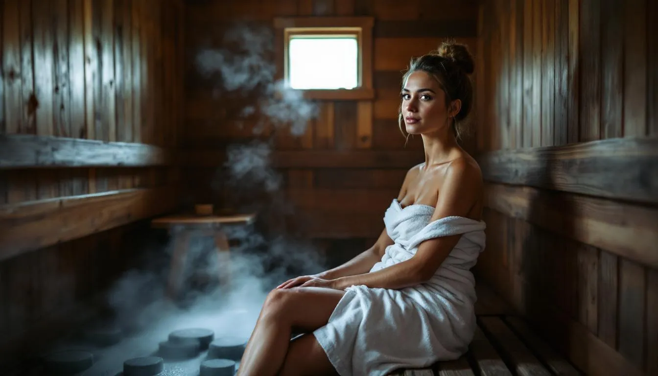 The image depicts a serene sauna environment