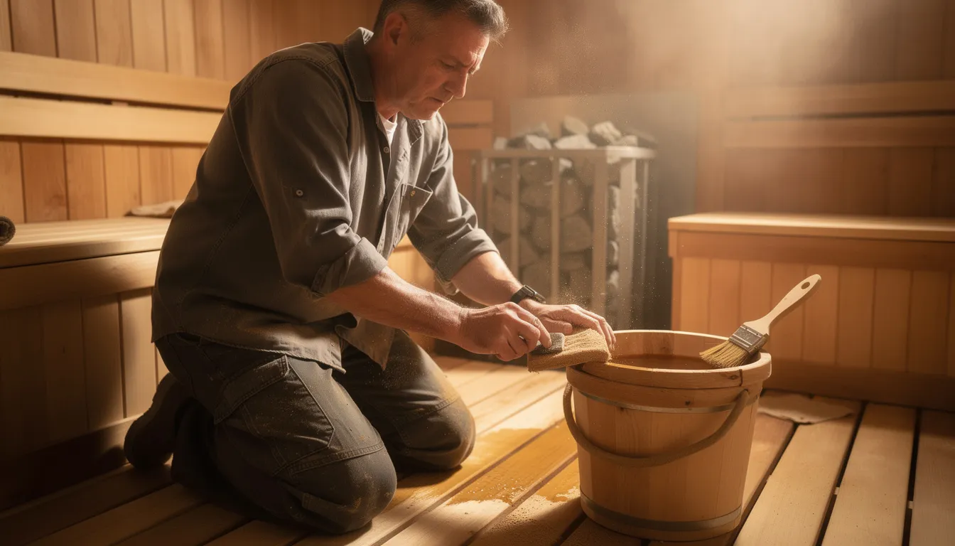 A person is performing maintenance on cedar sauna wood, using a soft brush and warm water to clean the wooden surfaces of sauna benches and wall panels.