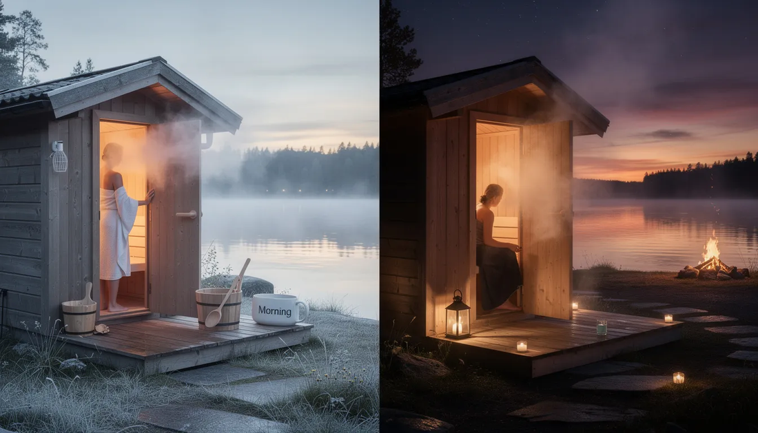 The image illustrates the contrast between morning and evening sauna sessions, showcasing a serene morning setting with soft lighting and a calming atmosphere, ideal for starting the day with muscle relaxation and stress relief.