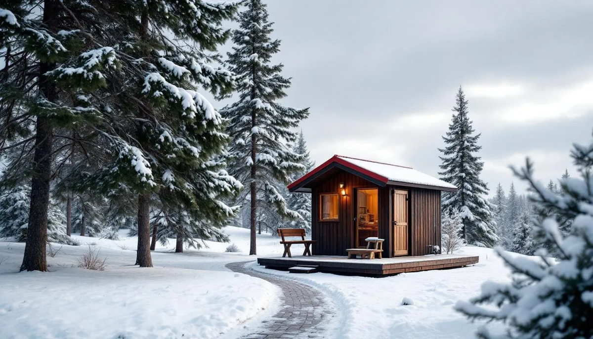 The image showcases a variety of outdoor saunas designed for cold climates