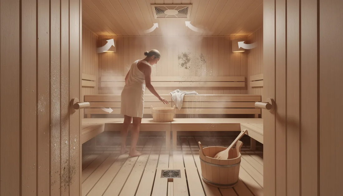 The image depicts a seasoned outdoor traditional sauna with the door open, allowing proper air flow to prevent mold growth.