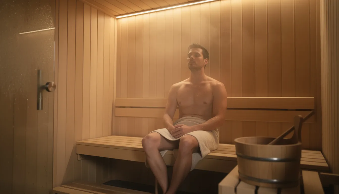 A man is enjoying a session in a quiet home sauna, surrounded by warm wood and soft lighting, embodying the relaxation benefits of sauna therapy.
