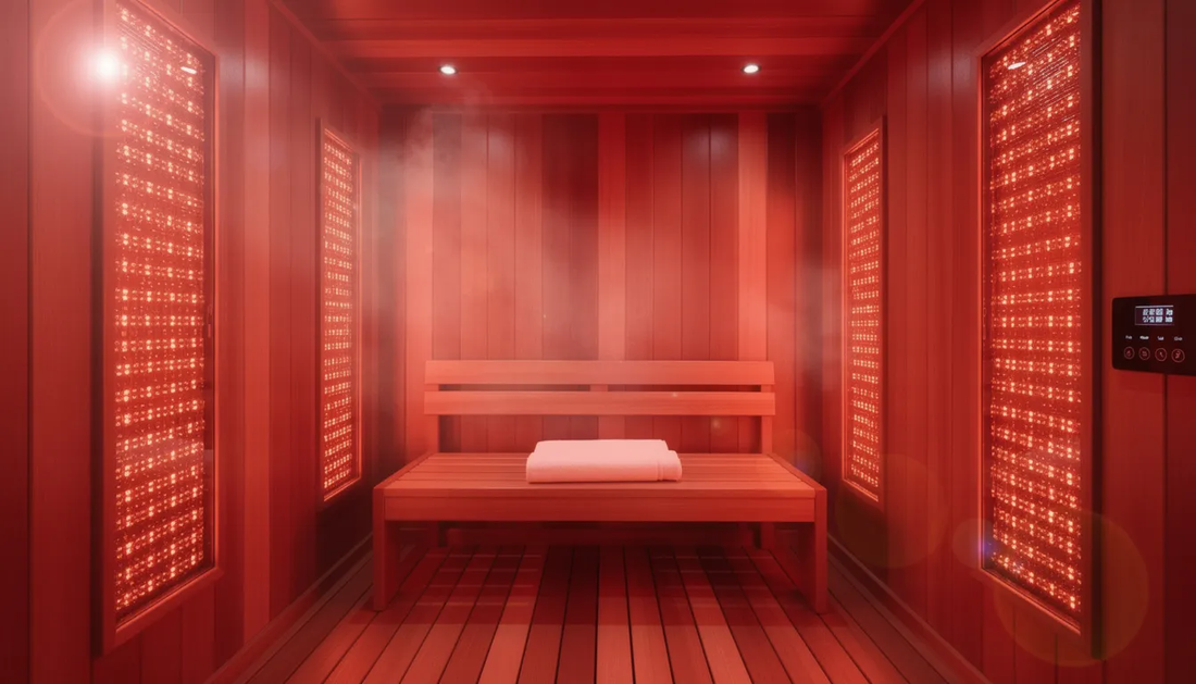 The image depicts a modern red light therapy sauna, designed with sleek lines and glowing panels that emit red and near infrared light. 