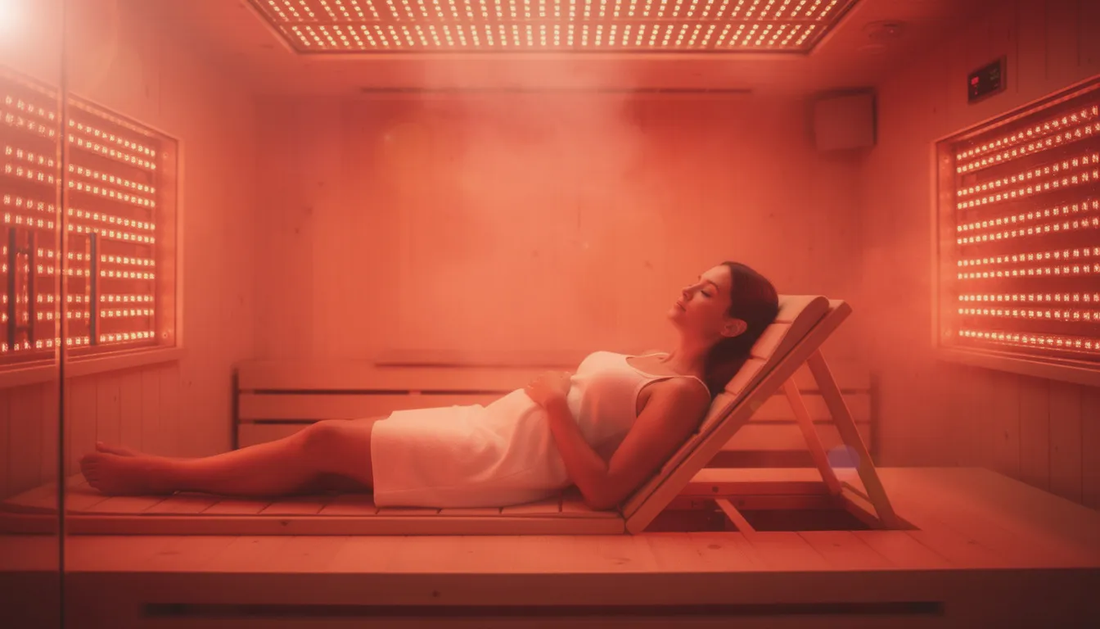 A woman is peacefully dozing inside a red light therapy sauna, surrounded by infrared panels that provide soothing infrared heat.
