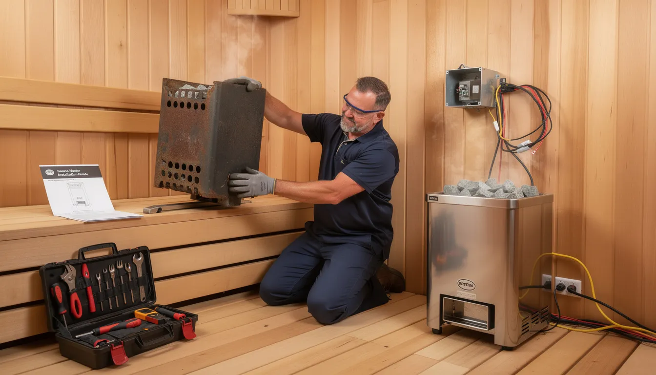 The image depicts a person replacing a sauna heater in a sauna room, showcasing the wall-mounted unit being removed to access the heating elements inside. 