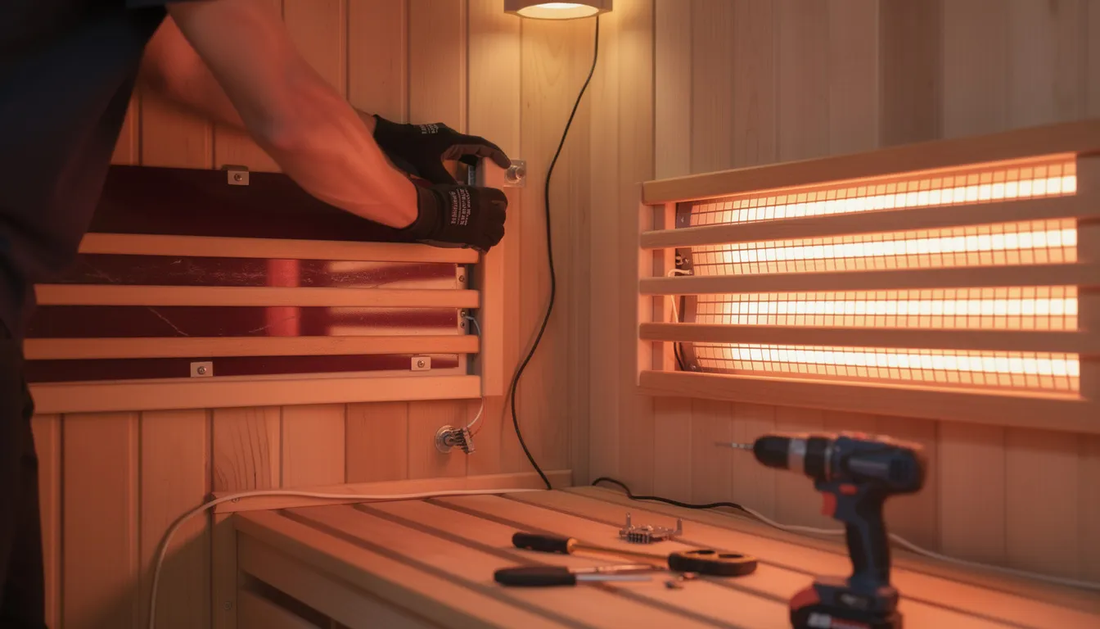The image shows a close-up view of infrared sauna emitters being replaced