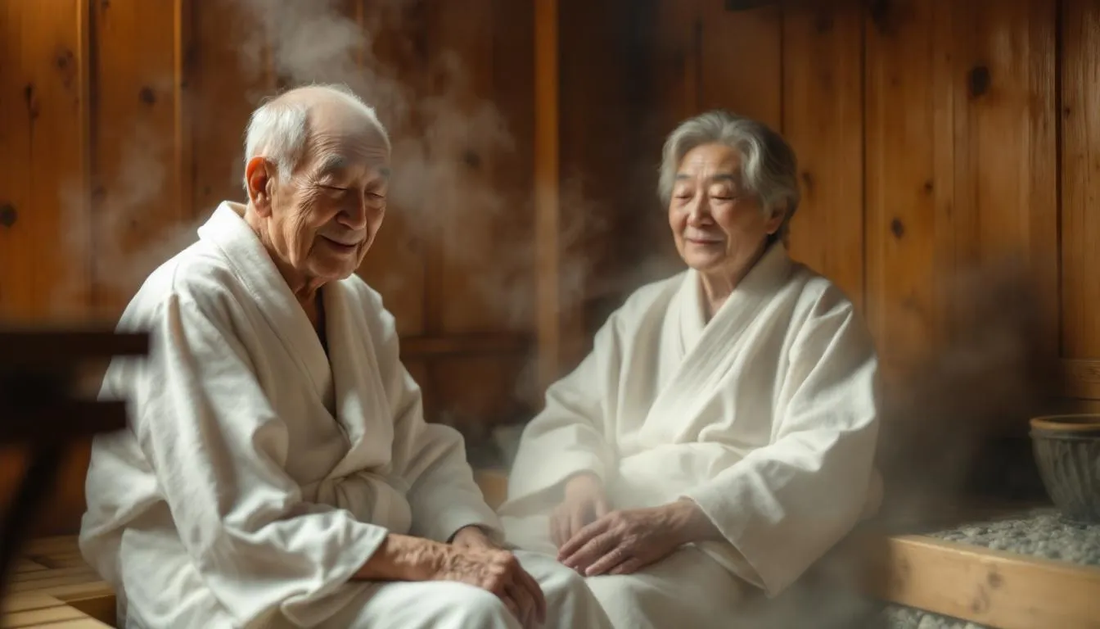An elderly Japanese man is peacefully sitting in a traditional sauna, embracing the warmth as part of his routine for longevity and anti-aging.