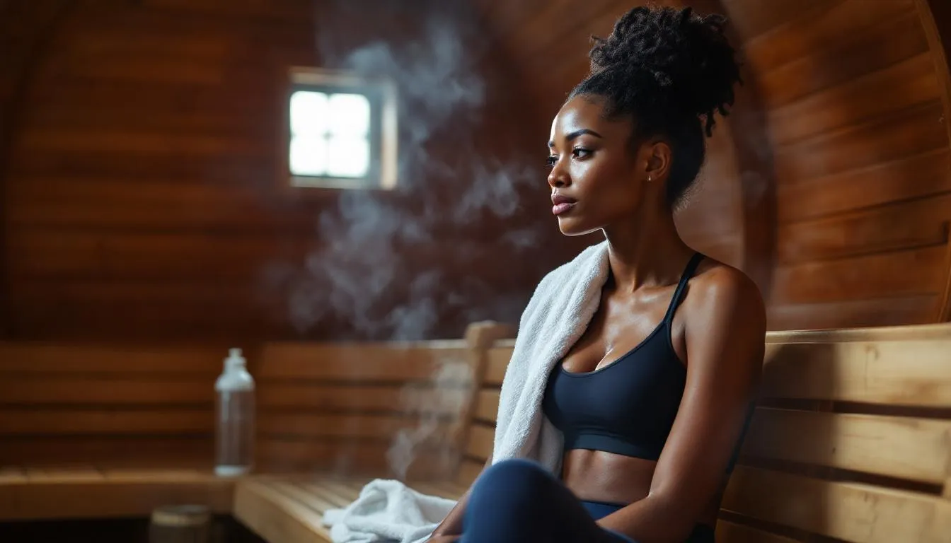 An African female athlete relaxes in an infrared sauna, experiencing the benefits of sauna therapy for muscle recovery after intense workouts