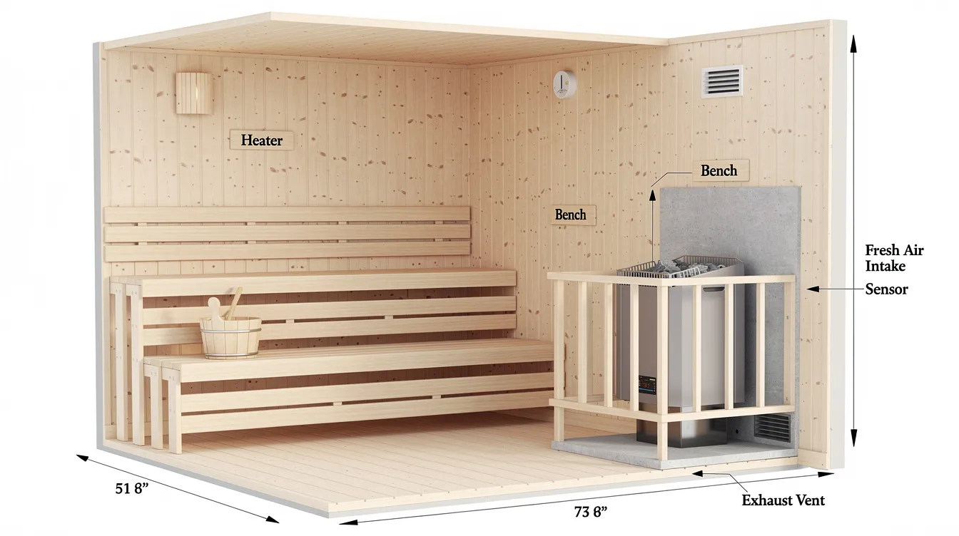 The image depicts a well-designed infrared sauna with a strategically positioned sauna heater, showcasing the importance of heater placement for optimizing infrared heat and energy distribution.