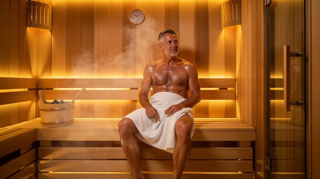 The image features a man enjoying a well-built sauna, showcasing the inviting interior of a traditional sauna room.