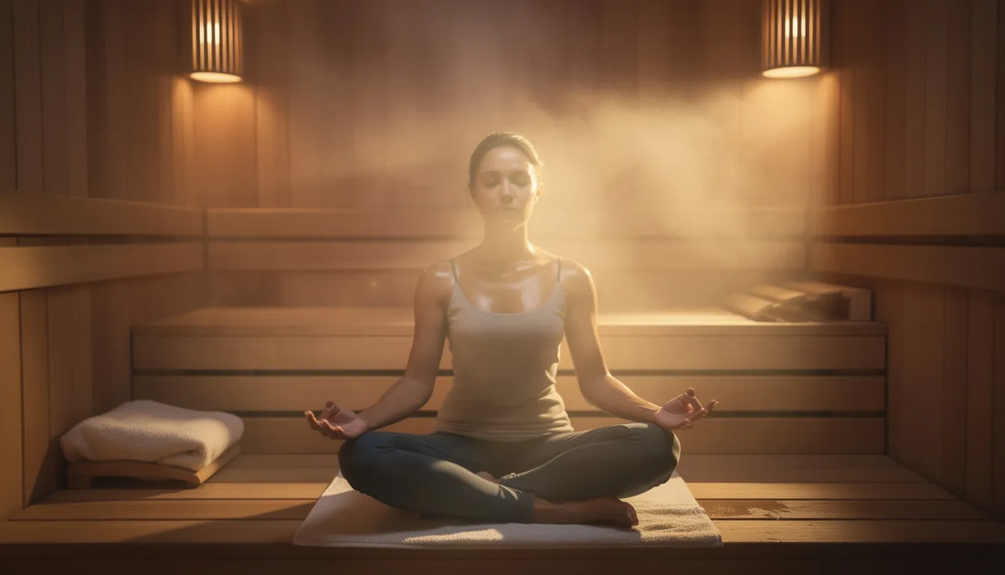 The image depicts a serene sauna meditation scene, featuring a person relaxing in an infrared sauna, surrounded by soft lighting that enhances the calming atmosphere.