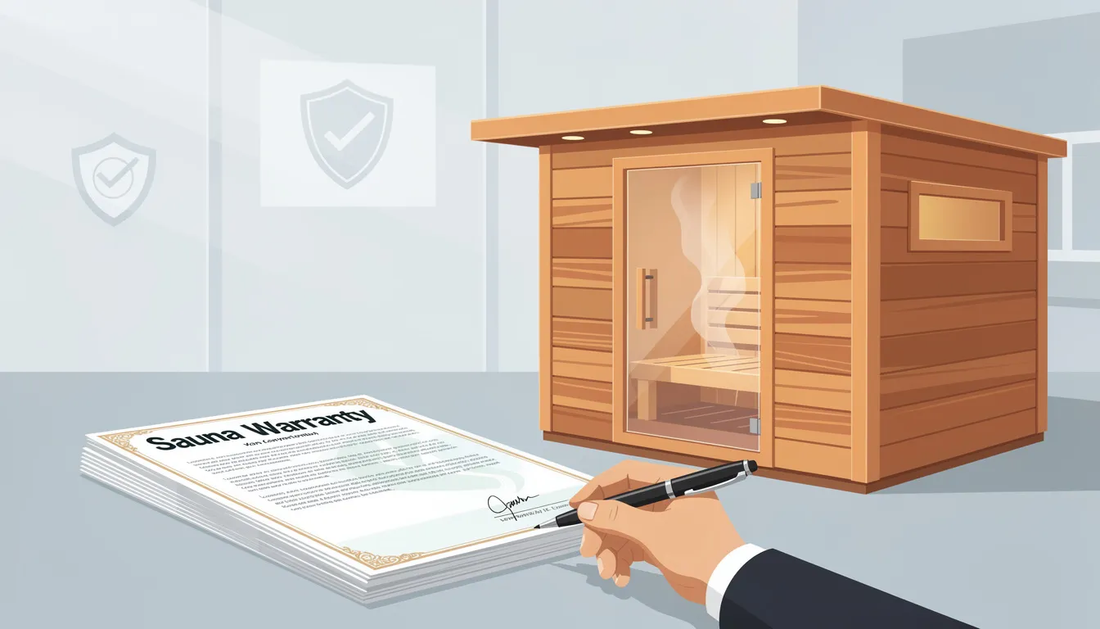 The image depicts a sauna room with a focus on its structural integrity and heating elements, emphasizing the importance of a sauna warranty that covers defects in materials and workmanship.